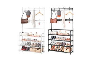 4-Layer Sturdy Durable Hat Storage Rack Free Standing Coat and Shoe Rack With Hooks for Living Room