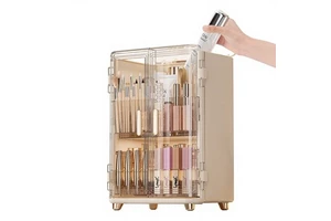 Plastic Light Luxury Installation-Free Double Door Cosmetic Storage Cabinet with Lipstick Cream Essence Storage Rack