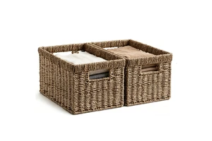 2026 Woven Wicker Storage Basket for Organizing Medium Seagrass Storage Baskets with Built-in Handles for Pantry Shelves