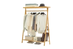 Coat Rack Bamboo Garment Coat Clothes Hanging Heavy Duty Rack with Top Shelf and 1-Tier Shoe Clothing Storage Organizer Shelves.