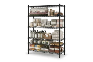 NSF ISO14001 Black Coated Carbon Steel Metal Display Shelving Multi Layer Storage Rack For Retail Shop Boutique Goods Display