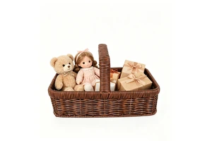 Brown Square PP Rattan Hand Basket With Soft Basket Handle Woven Basket For Doll Storage Snack Organizer & Gift Packaging