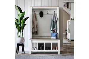 Free Standing White Wooden Coat Rack Family Coat Rack and Hall Sets with Storage Bench Multi-Purpose Home Organizer