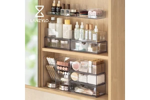 LANZYLO ODM Plastic Mirror Cabinet Storage Box Slanted Shelf No-Drill Wall-Mounted Bathroom Washstand Cosmetic Organizer Modern
