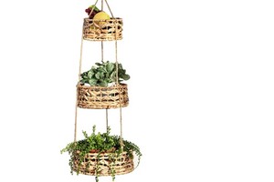 3-Tier Woven Water Hyacinth Eco-Friendly Foldable Hanging Storage Basket with Handle Customizable Size Multi-Use for Plants Food