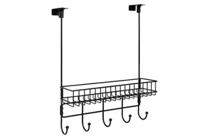 Rustproof Coat Rack Spice Rack, Clamp Adjustable Over the Door Hanger with Basket, Built-in 5 Hooks Metal Storage Shelf