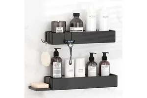 BX 2-Pack Modern Metal Bathroom Black Shower Caddy Rack Adhesive Wall Mounted Storage Rack For Bathroom Organizer