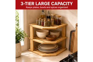 Bamboo Lacquered 3 Tier Modular Corner Shelf Kitchen Countertop Organizer Rack-Spice Dish Storage Holder Pantry Cupboard Decor