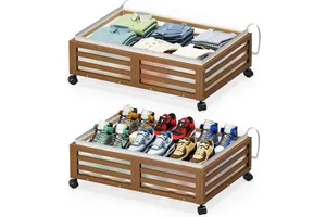 Under Bed Storage Containers With Wheels - 2 Pcs Bamboo Wood Rolling Underbed Shoe Storage Bins With Dust Bags