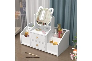 SQ3 Item Multifunctional Modern Luxury White Round Mirror Nordic Cosmetic Storage Box Makeup Organizer with Cat Ears with Mirror