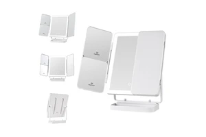 Tri-fold LED Makeup Mirror 1X 3X 5X Magnification Storage Box Base Adjustable Angle Type-C Rechargeable Vanity Mirror