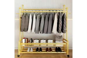 Modern Metal Drying Rack Double Pole Coat Hat Hanging Storage Rack Multi-Layer Cloth Shoes Organizer for Living Room Hotel Mall