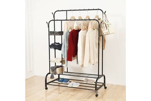 Metal Double Pole Cloth Coat Rack Organizer Clothes Drying Rack Bedroom Rod Metal Garment Hangers Wardrobe with Wheel