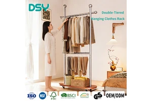 Light Luxury Modern Two Layer Wood Coat Rack Living Room Bedroom Clothes Hanger Simple Mobile Floor Storage Rack