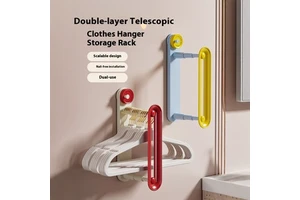 Plastic Wall Double-layer Telescopic Living Room Hanger Storage Non-punching Wall-mounted Multi-functional Storage Rack