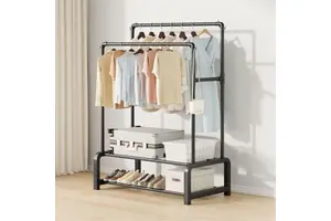 110 Modern Double Rod Metal Cloth Rack Plastic Bottom Rust-proof Coat Stand Living Room Clothes Storage Double Layer Shelvs
