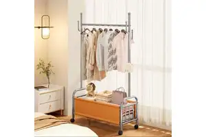 Cedar space Single-Rod Stainless Steel Coat Rack Rust-Proof Movable Clothes Rack Leather Basket for Bedroom Living Room Made Durable Metal