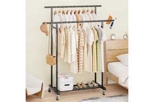 Source Manufacture Thickened Double-Rod Metal Clothes Rack Rolling for Hanging Clothes Sturdy Coat Rack for Bedroom Living Room