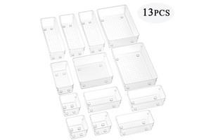 13PCS Clear Plastic Desk Drawer Organizers Set, 5-Size Versatile Bathroom And Vanity Drawer Organizer Trays, Storage For Makeup