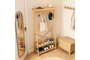 Bamboo Garment Coat Clothes Hanging Heavy Duty Rack With Top Shelf and 2-Tier Shoe Clothing Storage Organizer Shelves