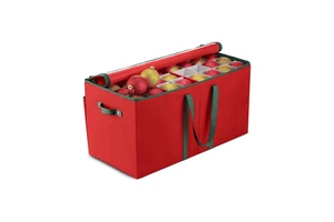 Christmas Ornament Storage Box-Holds 128 3-inch Ornaments Dividers Extra Pockets & Double Zippers-Durable Red Case