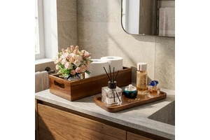 CF Wholesale 2 Piece Acacia Wood Bathroom Storage Set Rectangular Toilet Tank Organizer Bin Slim Vanity Tray For Home Decor