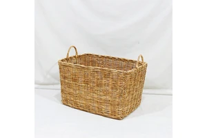 Rattan Storage Basket Deep Rectangle Woven Laundry Storage Bin with Tall Carrying Handles