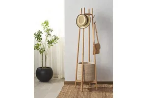 JY Couture Collection Abellina Natural Solid Wood Coat Rack with Cotton Storage Basket
