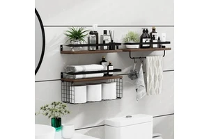 Wooden Wall-mounted Floating Shelf with Storage Basket and Towel Bar Kitchen Bedroom Bathroom Rack with Metal Frame