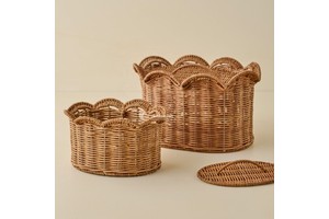 Wholesale Set of Multiple Sizes, Scalloped Rattan Basket Set, Natural Handwoven Storage Baskets From Vietnam
