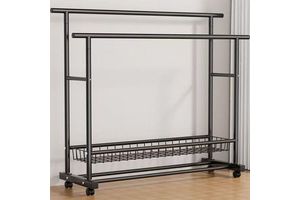Large Capacity Movable Double Rod Cloth Garment Iron Coat Rack Organizer Storage Shelves Single Tier Modern Bedroom Bathroom