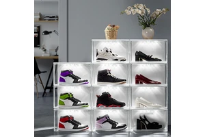 DAYOOH Sound Control Led Shoes Organizer Side Front Opening Shoes Container Foldable Magnetic Shoe Box Rack with Light