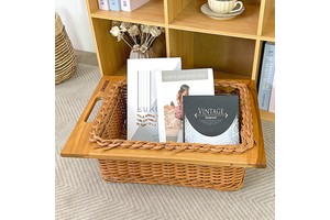 Kitchenware Woven Storage Organizer Basket Rattan Basket Wooden Pull Out Wicker Basket Drawers with Beech Frame