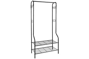 Black Metal Double-Tiered Clothes Rail Coat Garment Rack with Standing Shoe Stand and Storage Shelf for Home Organization