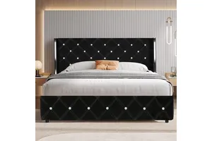 Light Luxury Diamond Headboard Wingback Black Velvet Double Bed Upholstered Queen Size Bed Frames with Under Bed Storage