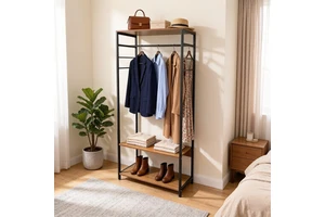 Modern Freestanding Coat Rack with 2-Tier Wooden Shelves Open Wardrobe Organizer Hanging & Storage for Bedroom Entryway
