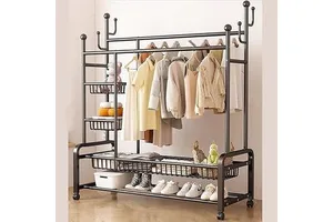 Industrial 4 Tier Stainless Steel Heavy Duty Coat Rack Shelves Hooks Freestanding Clothes Organizer for Entryway Wardrobe Closet
