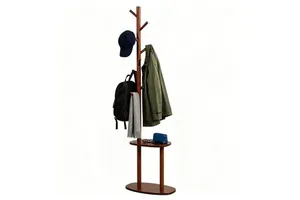 Freestanding 8-Hook Wooden Coat Rack with 2 Storage Shelves Rubber Wood Hall Tree Organizer for Entryway or Bedroom