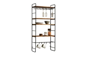 2025 Industrial 4-Tier Metal Pipe & Wood Floating Shelf Wall Mounted Storage Rack with Wine Glass Holder | Rustic Home Decor