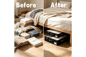 Under Bed Storage Containers with Clear Lid & Leather Handles, Foldable Fabric Storage Boxes Before & After Space Saving