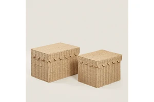 Exquisite Morden Woven Storage Basket with a Lid and Scalloped Edges Nursery Rattan Rectangle Hamper Baskets for Toy Storage