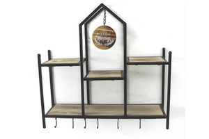 2 Tier Rustic House Shape Solid Wood Metal Wall Mount Shelf with Hook Home Decor for Bedroom, Living Room, Bathroom, Kitchen