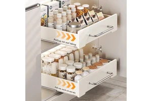 Kitchen Organizer Tool with Scalable Pull-Out Rack Metal Carbon Steel Slide Rails Multi-Purpose Spice & Cabinet Storage Holder