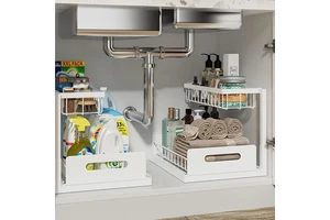 2-Tier Sliding Under Sink Organizer-Rustproof Metal Storage for Kitchen & Bathroom Cabinets for Cleaning Supplies