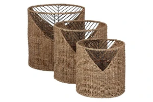 Modern Vietnam Handicraft Eco-Friendly Folding Seagrass Wicker Rattan Handwoven Storage Basket Set Handles-Multifunctional Home