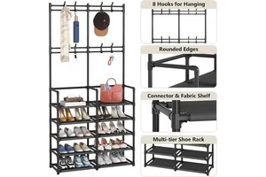 Double Tier Black Metal Entryway Coat and Shoe Rack Storage Organizer with 8 Hooks Factory Direct Sale Low Tariff