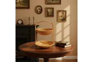 Handcrafted Plastic Rattan Storage Basket Cute Woven Folding Design for Food & Fruit Storage
