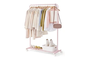Pink Elegant Single Rod Metal Coat Rack - Floor-Standing Movable Clothes Drying Rack for Bedroom, Space-Saving Hanger
