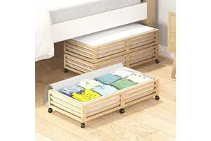 Bamboo Under Bed Storage Containers Underbed Organizer with Wheels with Large Capacity Dust Bag