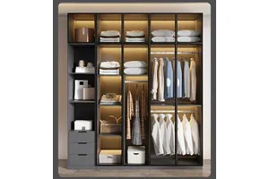 Modern Adjustable Open Wardrobe Closet Organizer System Black Frame LED Lighting Dual Hanging Rail Drawers RTA For Hotel Use